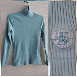 Escada Sport Soft Blue Fitted Ribbed Long Logo Sleeve Turtleneck Sweater